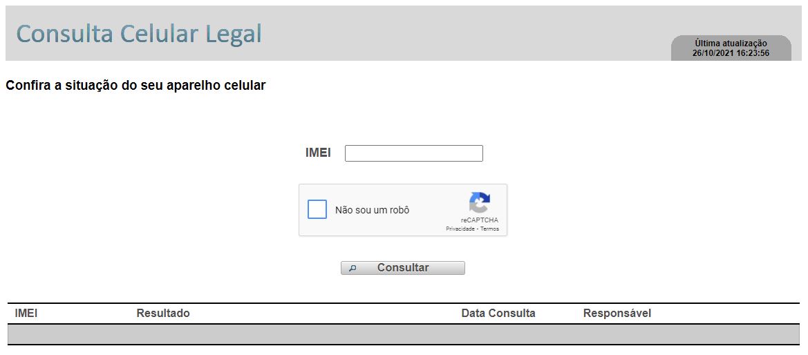 Site de consulta celular legal. Necessario informar o IMEI do aparelho e validação via reCAPTCHA